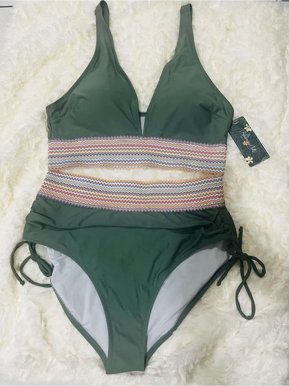 Olive Green One-Piece Swimsuit with Multicolor Waist Detail